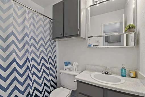 A bathroom with a sink, toilet, and a shower with a chevron patterned shower curtain.