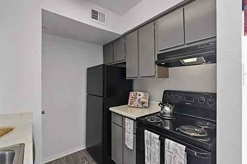 A black refrigerator and stove top oven in a kitchen.