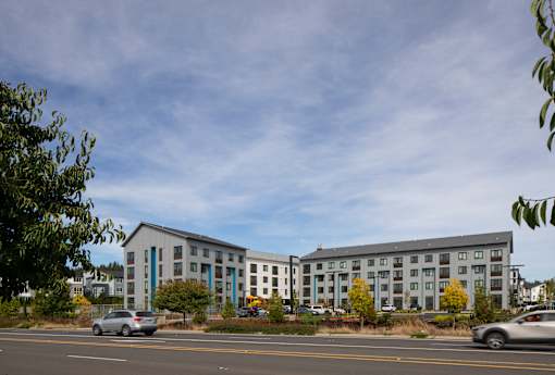 A grey building with a blue stripe on the side is surrounded by trees and cars.