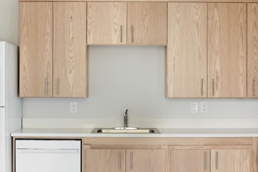a kitchen with wooden cabinets and a sink