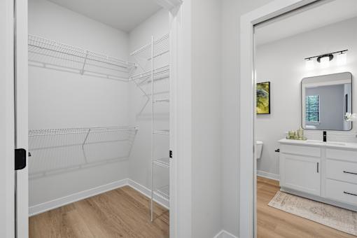 A white walk-in closet with shelves and a mirror.