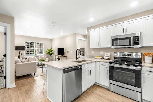 A modern kitchen with white cabinets and stainless steel appliances.