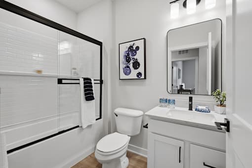 A bathroom with a toilet, sink, and mirror.