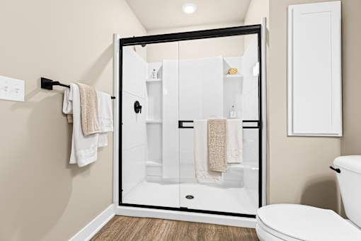 A white toilet sits next to a walk-in shower with a glass door.