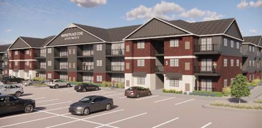 A rendering of a multi-story apartment complex with a parking lot in front.