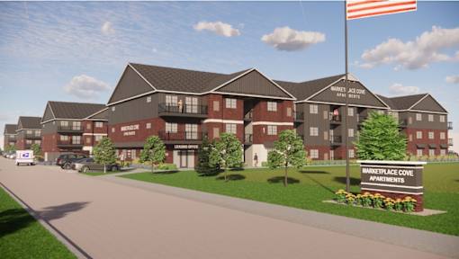 A rendering of a large apartment complex named Marketplace Cove.