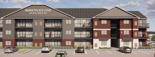 A rendering of a two-story apartment complex named Marketplace Cove.