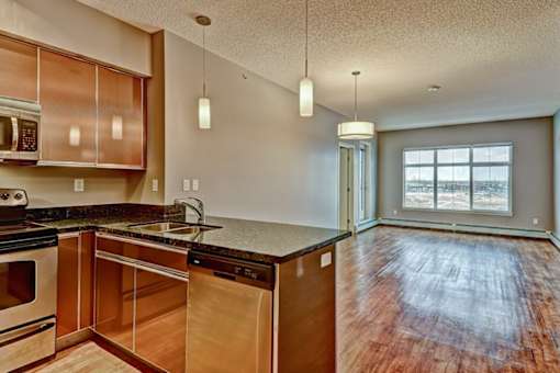 A kitchen with wooden cabinets and a black countertop.