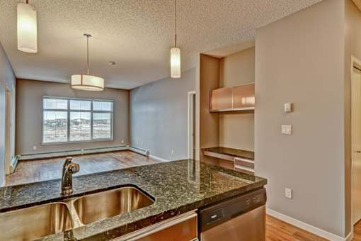 A kitchen with a granite countertop and stainless steel appliances.