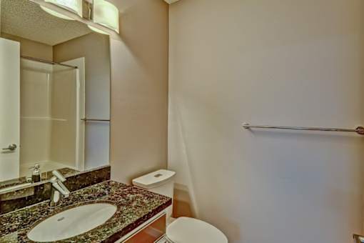 A bathroom with a sink, toilet, and a mirror.