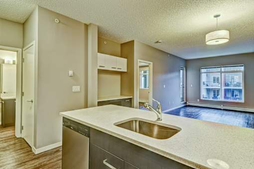 A kitchen with a sink and a dishwasher.