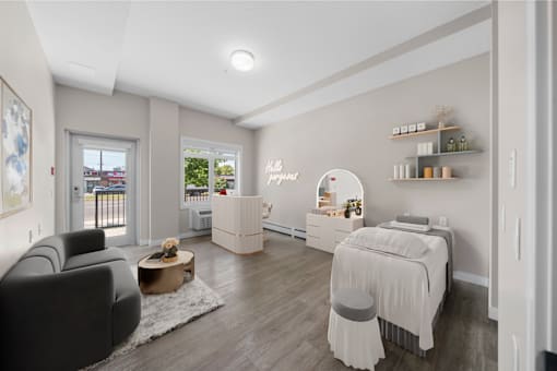 a living room with a bed and a couch