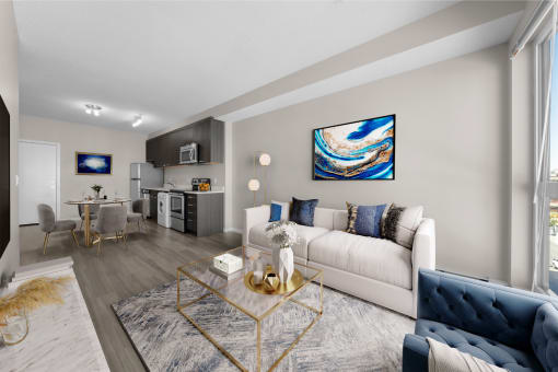 a living room with a white couch and a glass coffee table