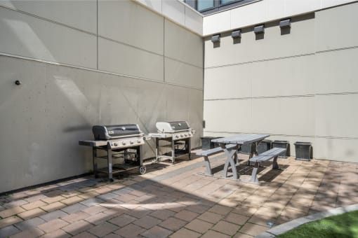 a patio with a picnic table and two gas bbqs