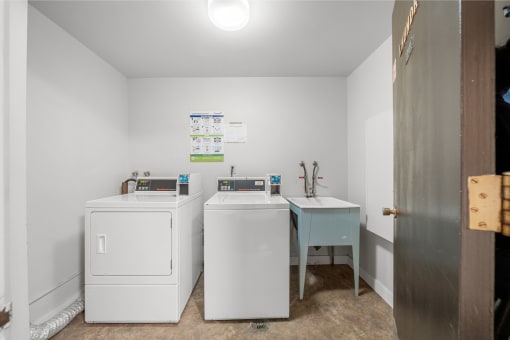 two washing machines and a sink in a laundry room with a door