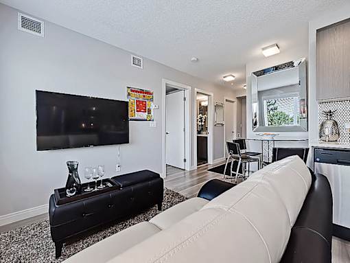 A black sofa with a white cushion is in the foreground of a well-lit living room.