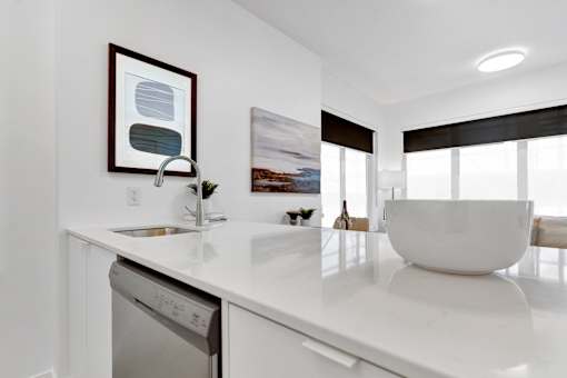A modern kitchen with a white countertop and a dishwasher.