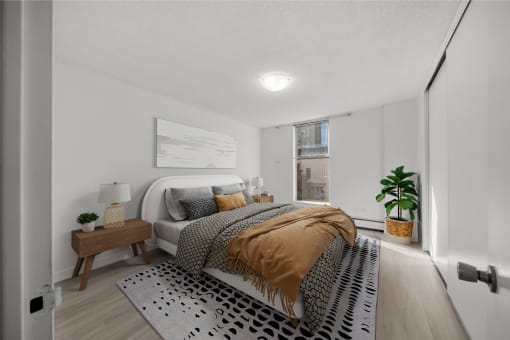 a bedroom with a bed and a rug