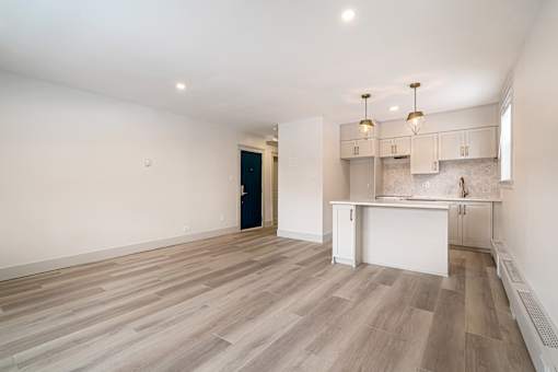 A room with a kitchenette and a door.