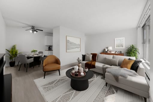 a living room with a couch and a table