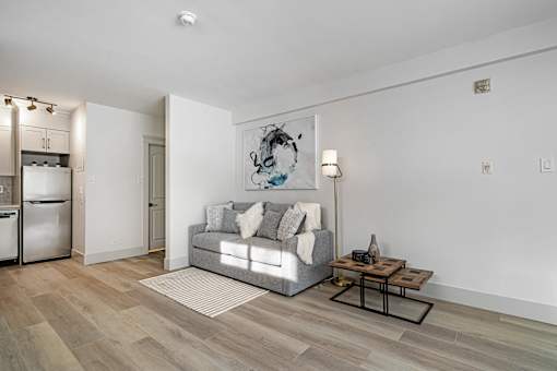A modern living room with a grey couch and a coffee table.