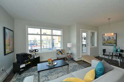 A living room with a grey couch, a coffee table, and a large window.