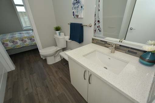 A bathroom with a toilet, sink, and mirror.