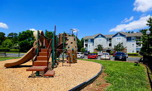 A playground with a slide, swings, and a climbing structure.