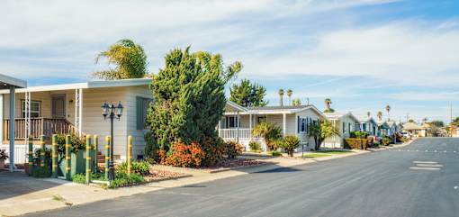 A row of houses with a tree in front of the first house.