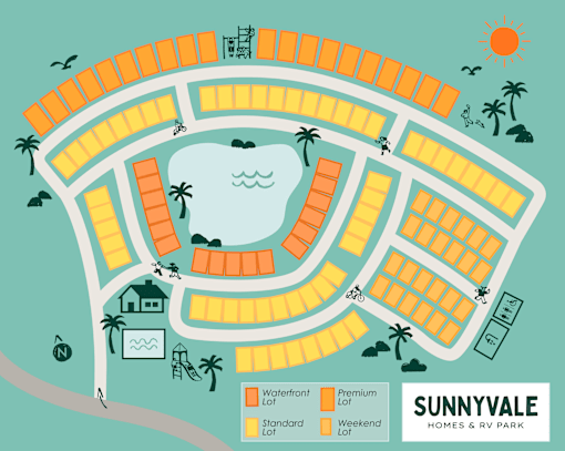 A map of Sunnyvale Homes & RV Park showing the layout of the waterfront, standard, and weekend lots.