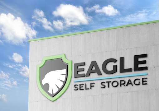 The Eagle Self Storage logo is displayed on a building.