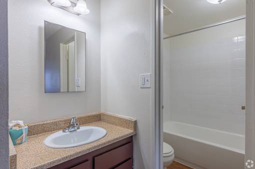 A bathroom with a sink, mirror, toilet, and bathtub.