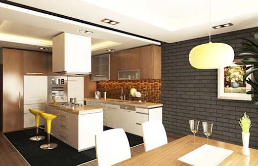 A modern kitchen with a wooden table and white chairs.