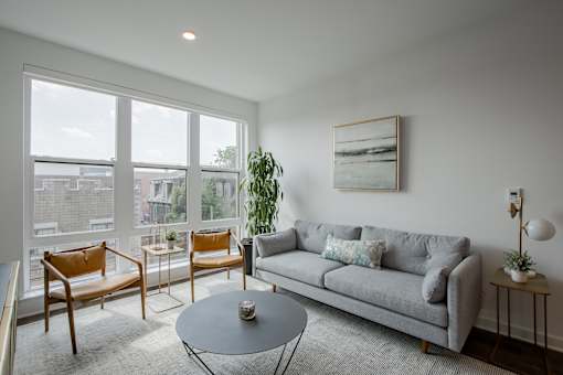 Contemporary living space at The Rail with modern furnishings, large rug, and natural finishes—ideal for urban lifestyle near NJ Transit.
