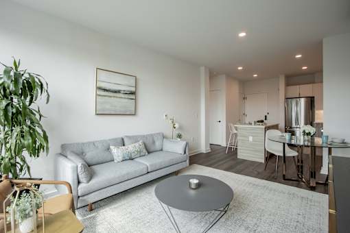 Bright open-concept apartment at The Rail at Bound Brook with a modern kitchen, living area, and dining nook—perfect for luxury downtown living.