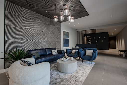 A modern lobby with a black and white striped wall in Bound Brook NJ.