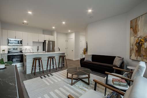 View of the kitchen and living room in a modern apartment near downtown Bound Brook, NJ.