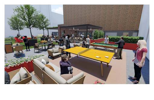 Outdoor gaming area with table tennis and billiards at The Rail at Bound Brook, NJ