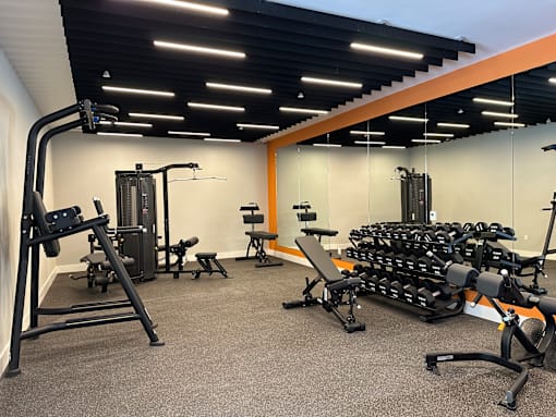 Modern fitness center at The Rail at Bound Brook featuring open space, natural light, and top-tier workout amenities for luxury apartment residents near NJ Transit.