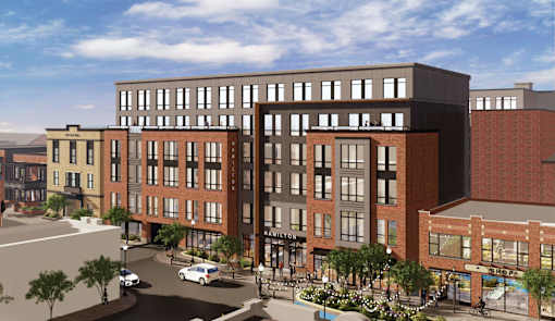 A rendered street view of The Rail at Bound Brook luxury New Jersey apartments