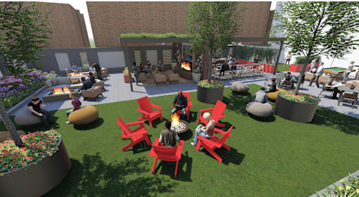 Courtyard with bar, grilling areas, dining areas, gaming, fire pits and more at the Rail at Bound Brook