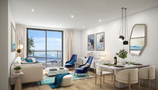 a rendering of a living room and dining room with a view of the ocean