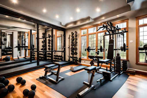 a gym with weights and other equipment in a home gym