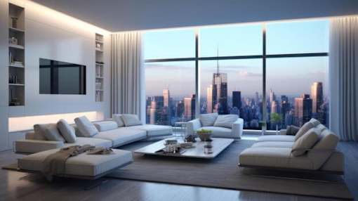 A modern living room with a large window overlooking a city skyline.