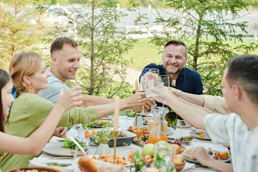 A group of people toasting with drinks at a dinner table.