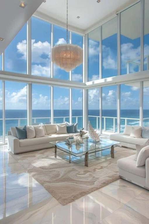 A modern living room with a glass table and white sofas.