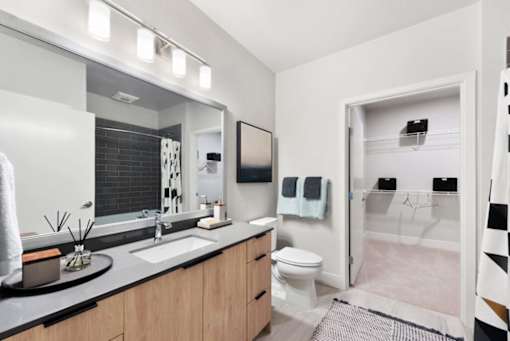 a bathroom with a sink and a toilet next to a shower