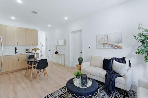 A modern living room with a white couch and a black and white rug.