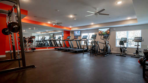 A gym with a variety of exercise equipment including treadmills, stationary bikes, and weight machines.