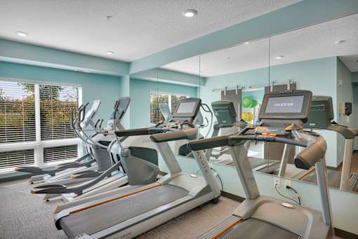 A gym with treadmilers and exercise bikes.